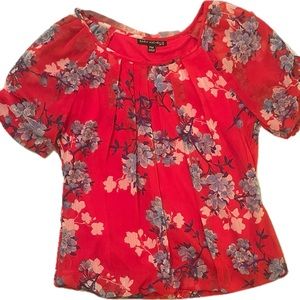 Sarah Michelle Petites Red Lined Floral Short Slv Blouse w Elastic Bottom sz PM